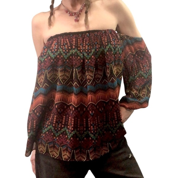 T Bags Los Angeles Abstract Off Shoulder Blouse Top Women’s Small Colorful Boho - Picture 2 of 8